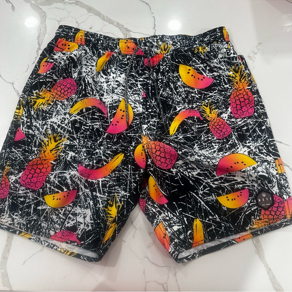 Neff Mens Daily Hot Tub Shorts Passion Fruit Print Unlined Black Pink Large